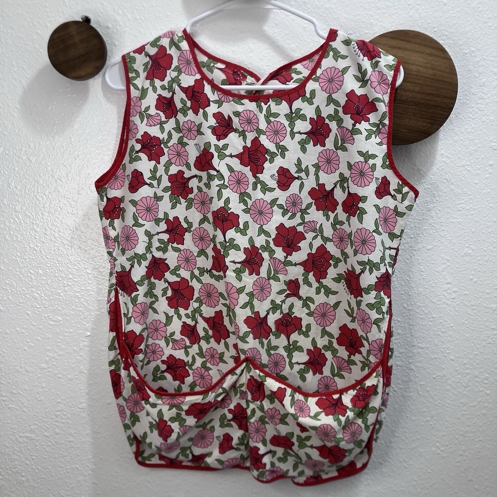 Vintage Pinafore Apron Pink And Red Floral Cotton Pocket Adults OS